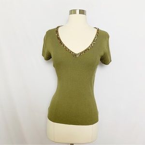 August Silk Size M Green Silk Blend Embellished Ribbed Knit Stretch T-shirt